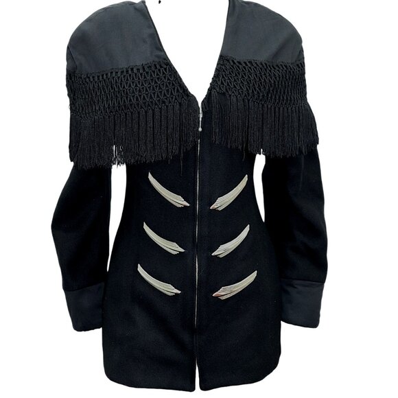 SANTANA Vintage Statement Black Fringed Zip Front Military Jacket S-M - Picture 1 of 7